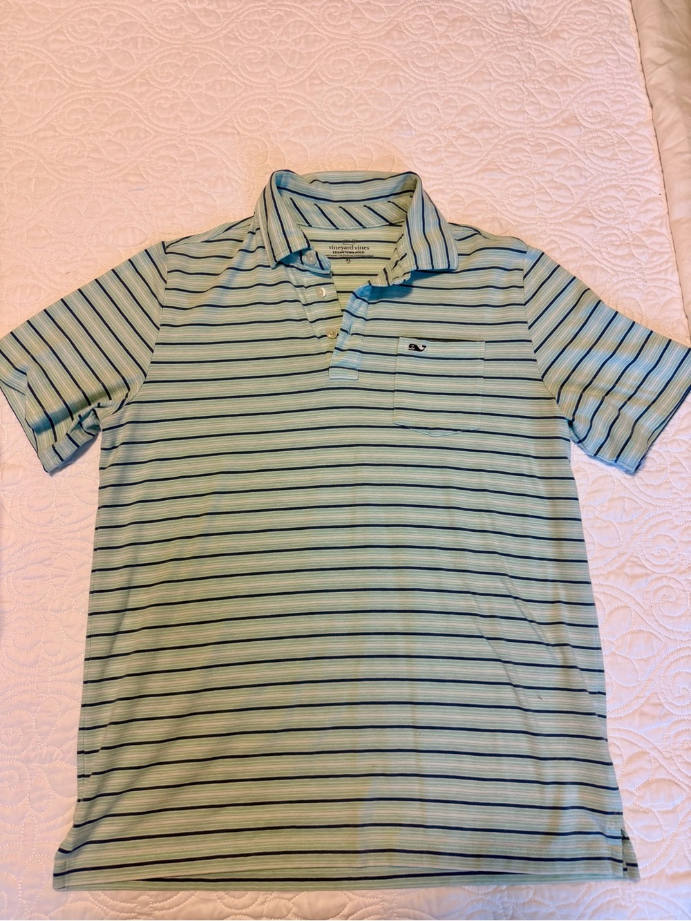 Vineyard Vines Boy’s Striped Pocket Polo - Mint, Navy and white